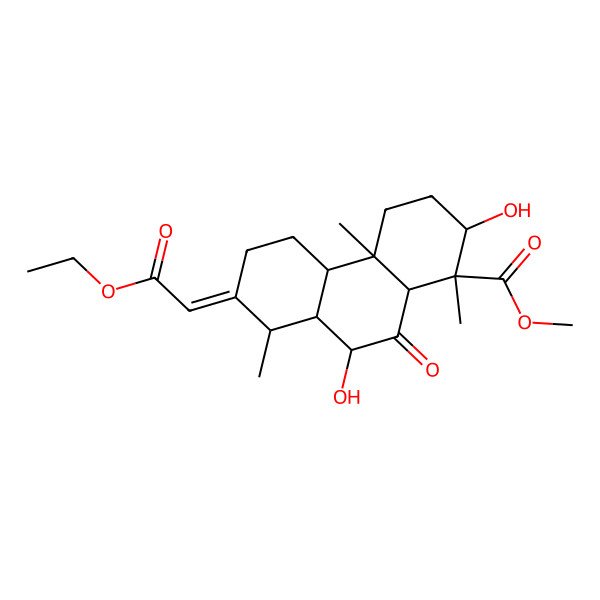 2D Structure of methyl (1R,2S,4aR,4bS,8R,8aS,9R,10aR)-7-(2-ethoxy-2-oxoethylidene)-2,9-dihydroxy-1,4a,8-trimethyl-10-oxo-2,3,4,4b,5,6,8,8a,9,10a-decahydrophenanthrene-1-carboxylate