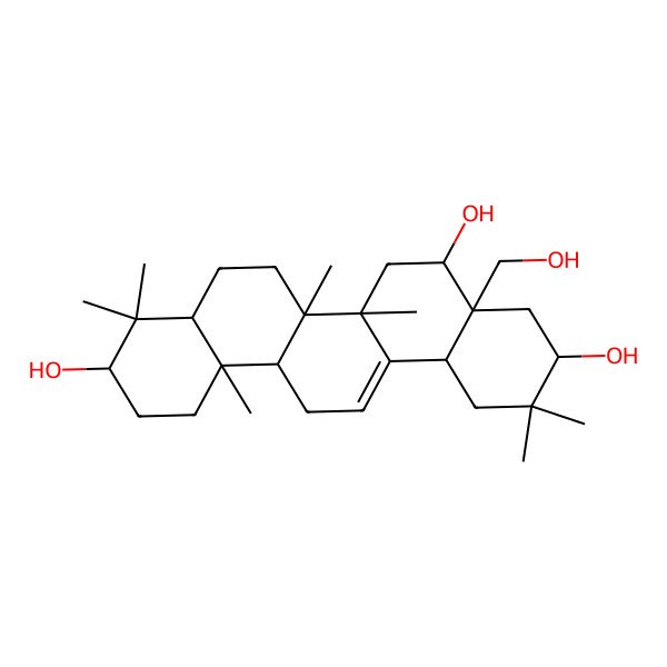2D Structure of (3S,4aS,5S,6aR,6aS,6bR,8aR,10S,12aR,14bS)-4a-(hydroxymethyl)-2,2,6a,6b,9,9,12a-heptamethyl-1,3,4,5,6,6a,7,8,8a,10,11,12,13,14b-tetradecahydropicene-3,5,10-triol