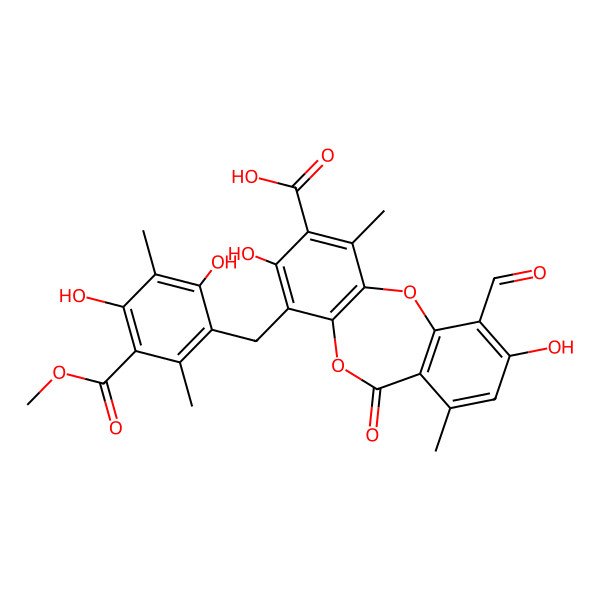 2D Structure of 4-[(2,4-Dihydroxy-5-methoxycarbonyl-3,6-dimethylphenyl)methyl]-10-formyl-3,9-dihydroxy-1,7-dimethyl-6-oxobenzo[b][1,4]benzodioxepine-2-carboxylic acid