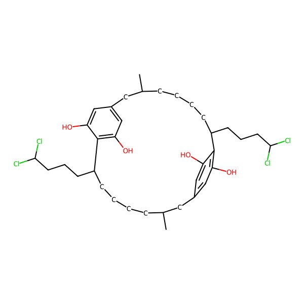 2D Structure of 8,19-Bis(4,4-dichlorobutyl)-3,14-dimethyltricyclo[18.2.2.29,12]hexacosa-1(22),9,11,20,23,25-hexaene-10,21,24,26-tetrol
