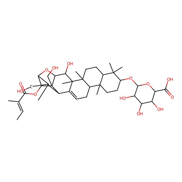 2D Structure of (2S,3S,4S,5R,6R)-3,4,5-trihydroxy-6-[[(1S,2R,3S,4R,7R,9R,12R,13R,17S,19S,20S,21R,22R)-2-hydroxy-19,22-bis(hydroxymethyl)-3,4,8,8,12,19-hexamethyl-21-[(E)-2-methylbut-2-enoyl]oxy-23-oxahexacyclo[18.2.1.03,16.04,13.07,12.017,22]tricos-15-en-9-yl]oxy]oxane-2-carboxylic acid