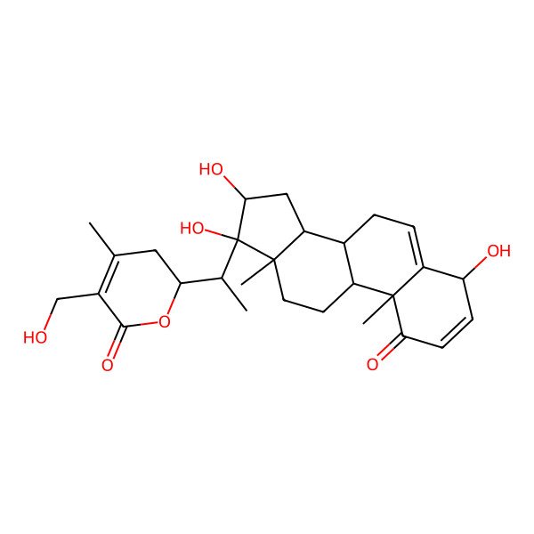 2D Structure of (2R)-5-(hydroxymethyl)-4-methyl-2-[(1R)-1-[(4S,8S,9S,10R,13S,14S,16S,17S)-4,16,17-trihydroxy-10,13-dimethyl-1-oxo-7,8,9,11,12,14,15,16-octahydro-4H-cyclopenta[a]phenanthren-17-yl]ethyl]-2,3-dihydropyran-6-one