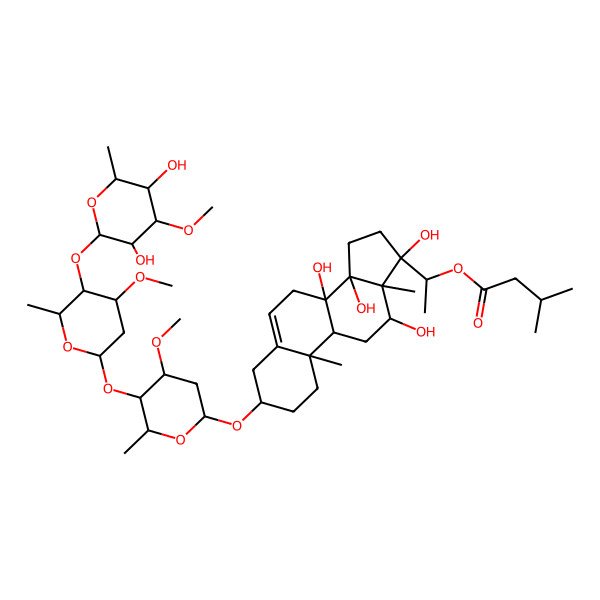 2D Structure of [(1S)-1-[(3S,8S,9R,10R,12R,13R,14R,17S)-3-[(2R,4S,5R,6R)-5-[(2S,4S,5R,6R)-5-[(2S,3R,4S,5R,6R)-3,5-dihydroxy-4-methoxy-6-methyloxan-2-yl]oxy-4-methoxy-6-methyloxan-2-yl]oxy-4-methoxy-6-methyloxan-2-yl]oxy-8,12,14,17-tetrahydroxy-10,13-dimethyl-1,2,3,4,7,9,11,12,15,16-decahydrocyclopenta[a]phenanthren-17-yl]ethyl] 3-methylbutanoate