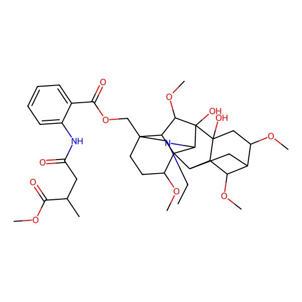 2D Structure of (11-Ethyl-8,9-dihydroxy-4,6,16,18-tetramethoxy-11-azahexacyclo[7.7.2.12,5.01,10.03,8.013,17]nonadecan-13-yl)methyl 2-[(4-methoxy-3-methyl-4-oxobutanoyl)amino]benzoate