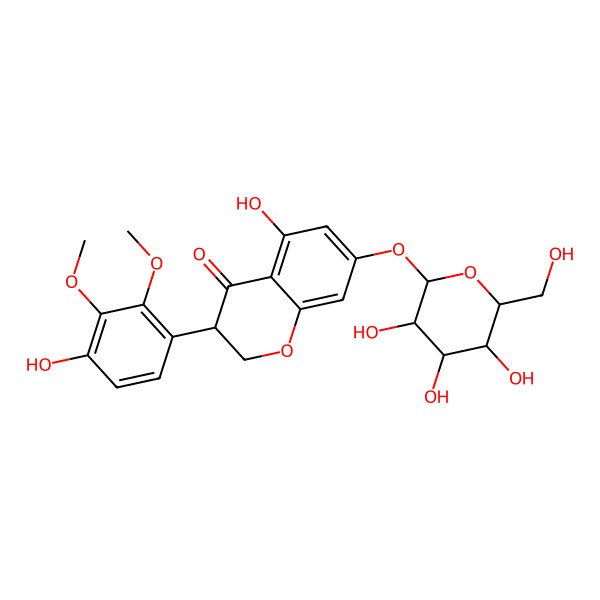 2D Structure of (3S)-5-hydroxy-3-(4-hydroxy-2,3-dimethoxyphenyl)-7-[(2S,3R,4S,5S,6R)-3,4,5-trihydroxy-6-(hydroxymethyl)oxan-2-yl]oxy-2,3-dihydrochromen-4-one