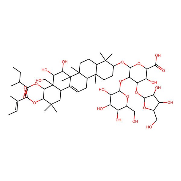 2D Structure of 6-[[7,8-Dihydroxy-8a-(hydroxymethyl)-4,4,6a,6b,11,11,14b-heptamethyl-9-(2-methylbutanoyloxy)-10-(2-methylbut-2-enoyloxy)-1,2,3,4a,5,6,7,8,9,10,12,12a,14,14a-tetradecahydropicen-3-yl]oxy]-4-[3,4-dihydroxy-5-(hydroxymethyl)oxolan-2-yl]oxy-3-hydroxy-5-[3,4,5-trihydroxy-6-(hydroxymethyl)oxan-2-yl]oxyoxane-2-carboxylic acid
