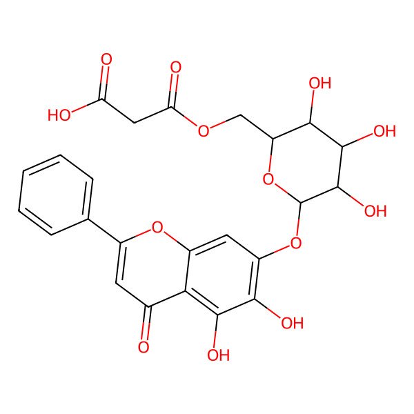 2D Structure of 3-[[6-(5,6-Dihydroxy-4-oxo-2-phenylchromen-7-yl)oxy-3,4,5-trihydroxyoxan-2-yl]methoxy]-3-oxopropanoic acid