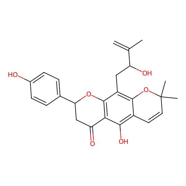2D Structure of (8S)-5-hydroxy-10-[(2S)-2-hydroxy-3-methylbut-3-enyl]-8-(4-hydroxyphenyl)-2,2-dimethyl-7,8-dihydropyrano[3,2-g]chromen-6-one