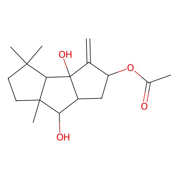 2D Structure of (3b,7-dihydroxy-3,3,7a-trimethyl-4-methylidene-2,3a,5,6,6a,7-hexahydro-1H-cyclopenta[a]pentalen-5-yl) acetate