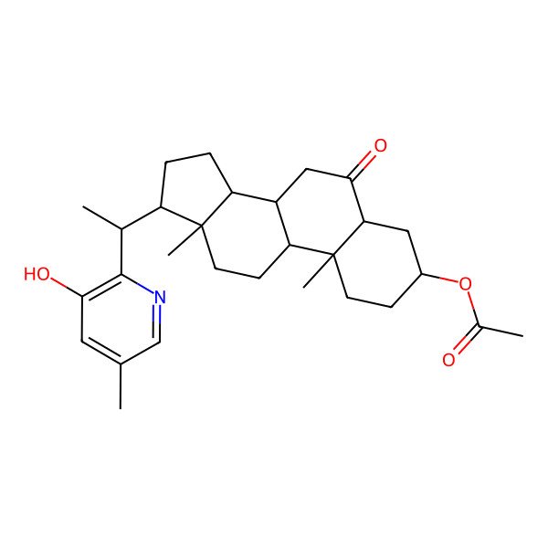 2D Structure of [(3S,5S,8S,9S,10R,13S,14S,17R)-17-[(1R)-1-(3-hydroxy-5-methyl-2-pyridinyl)ethyl]-10,13-dimethyl-6-oxo-1,2,3,4,5,7,8,9,11,12,14,15,16,17-tetradecahydrocyclopenta[a]phenanthren-3-yl] acetate