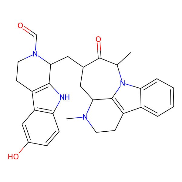 2D Structure of (1R)-1-[[(5R,7S,9R)-4,9-dimethyl-8-oxo-4,10-diazatetracyclo[8.6.1.05,17.011,16]heptadeca-1(17),11,13,15-tetraen-7-yl]methyl]-6-hydroxy-1,3,4,9-tetrahydropyrido[3,4-b]indole-2-carbaldehyde