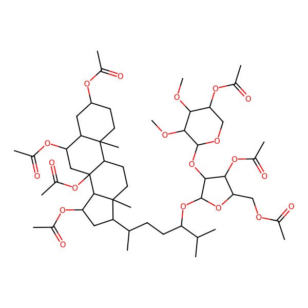 2D Structure of [(2S,3S,4R,5R)-3-acetyloxy-4-[(2S,3R,4S,5R)-5-acetyloxy-3,4-dimethoxyoxan-2-yl]oxy-5-[(3S,6R)-2-methyl-6-[(3S,5S,6S,8S,9R,10S,13R,14S,15R,17R)-3,6,8,15-tetraacetyloxy-10,13-dimethyl-1,2,3,4,5,6,7,9,11,12,14,15,16,17-tetradecahydrocyclopenta[a]phenanthren-17-yl]heptan-3-yl]oxyoxolan-2-yl]methyl acetate