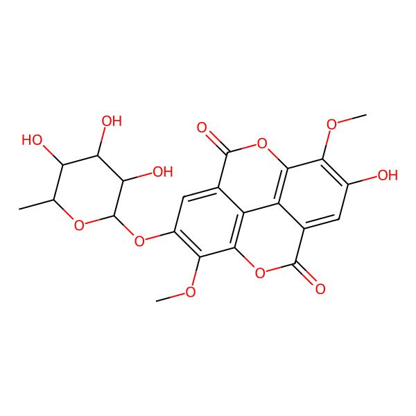 2D Structure of 6-Hydroxy-7,14-dimethoxy-13-(3,4,5-trihydroxy-6-methyloxan-2-yl)oxy-2,9-dioxatetracyclo[6.6.2.04,16.011,15]hexadeca-1(15),4,6,8(16),11,13-hexaene-3,10-dione