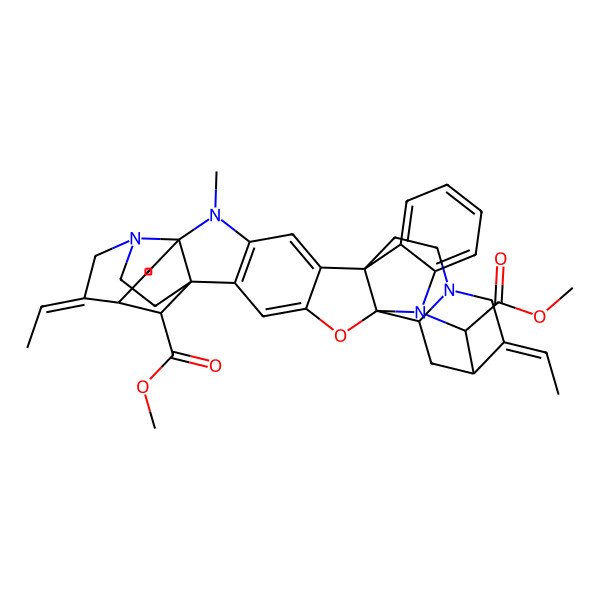 2D Structure of dimethyl (1R,6R,9R,10E,15R,20R,21S,24E,25S,26S,37R)-10,24-di(ethylidene)-5-methyl-19-oxa-5,12,22,27-tetrazaundecacyclo[20.11.2.19,15.121,25.01,20.02,18.04,16.06,12.06,15.020,27.028,33]heptatriaconta-2,4(16),17,28,30,32-hexaene-26,37-dicarboxylate