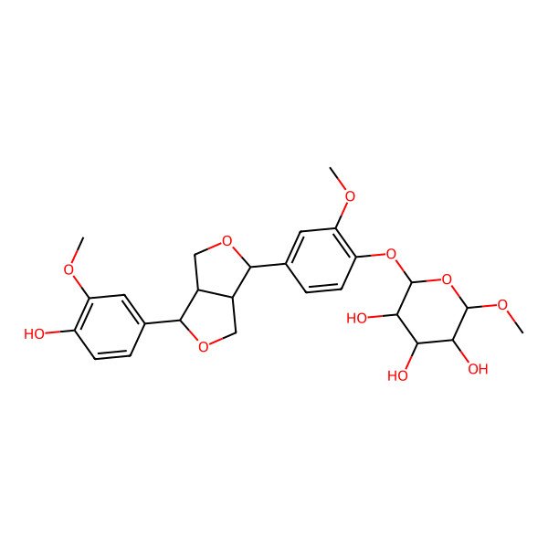 2D Structure of (2R,3R,4S,5S,6S)-2-[4-[(3S,3aR,6S,6aR)-3-(4-hydroxy-3-methoxyphenyl)-1,3,3a,4,6,6a-hexahydrofuro[3,4-c]furan-6-yl]-2-methoxyphenoxy]-6-methoxyoxane-3,4,5-triol