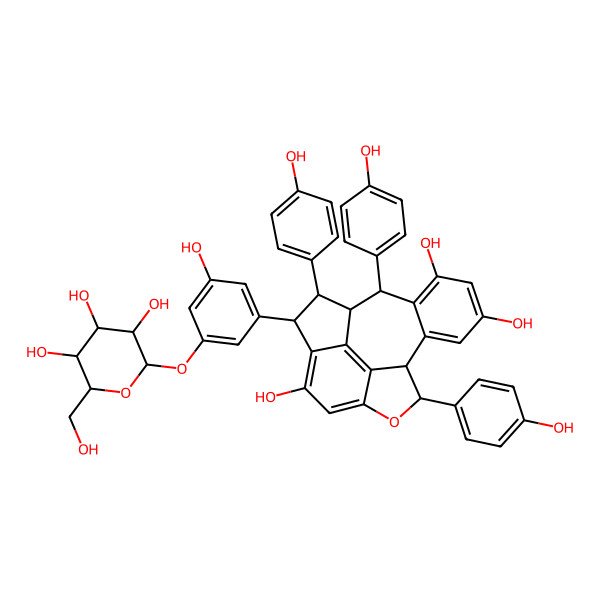 2D Structure of (1R,2S,3S,9S,10S,17R)-2,9,17-tris(4-hydroxyphenyl)-3-[3-hydroxy-5-[(2S,3R,4S,5S,6R)-3,4,5-trihydroxy-6-(hydroxymethyl)oxan-2-yl]oxyphenyl]-8-oxapentacyclo[8.7.2.04,18.07,19.011,16]nonadeca-4(18),5,7(19),11(16),12,14-hexaene-5,13,15-triol