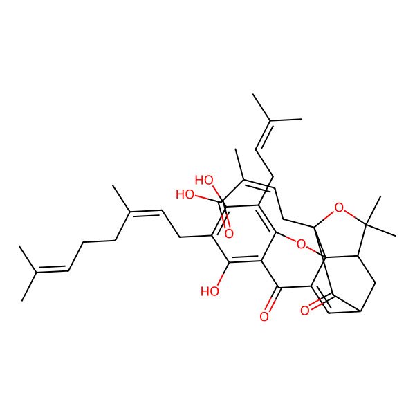 2D Structure of (Z)-4-[(1S,2S,13S)-7-[(2Z)-3,7-dimethylocta-2,6-dienyl]-6,8-dihydroxy-17,17-dimethyl-5-(3-methylbut-2-enyl)-10,14-dioxo-3,16-dioxapentacyclo[11.4.1.02,11.02,15.04,9]octadeca-4,6,8,11-tetraen-15-yl]-2-methylbut-2-enoic acid