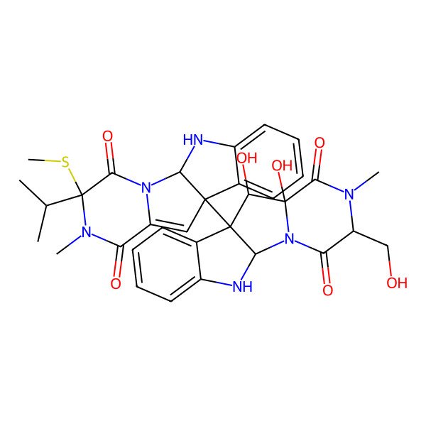2D Structure of (1R,4R,9R)-9-[(1S,4S,7S,8S,9S)-7,8-dihydroxy-4-(hydroxymethyl)-5-methyl-3,6-dioxo-2,5,16-triazatetracyclo[7.7.0.02,7.010,15]hexadeca-10,12,14-trien-9-yl]-5-methyl-4-methylsulfanyl-4-propan-2-yl-2,5,16-triazatetracyclo[7.7.0.02,7.010,15]hexadeca-7,10,12,14-tetraene-3,6-dione