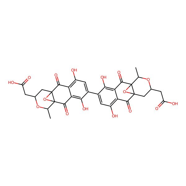 2D Structure of 2-[(11R,13S)-6-[(11R,13S)-13-(carboxymethyl)-4,7-dihydroxy-11-methyl-2,9-dioxo-12,15-dioxatetracyclo[8.4.1.01,10.03,8]pentadeca-3,5,7-trien-6-yl]-4,7-dihydroxy-11-methyl-2,9-dioxo-12,15-dioxatetracyclo[8.4.1.01,10.03,8]pentadeca-3,5,7-trien-13-yl]acetic acid