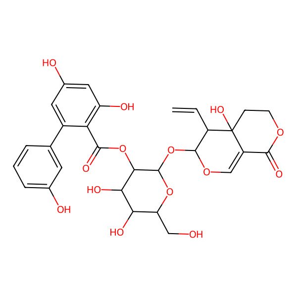 2D Structure of [2-[(4-Ethenyl-4a-hydroxy-8-oxo-3,4,5,6-tetrahydropyrano[3,4-c]pyran-3-yl)oxy]-4,5-dihydroxy-6-(hydroxymethyl)oxan-3-yl] 2,4-dihydroxy-6-(3-hydroxyphenyl)benzoate