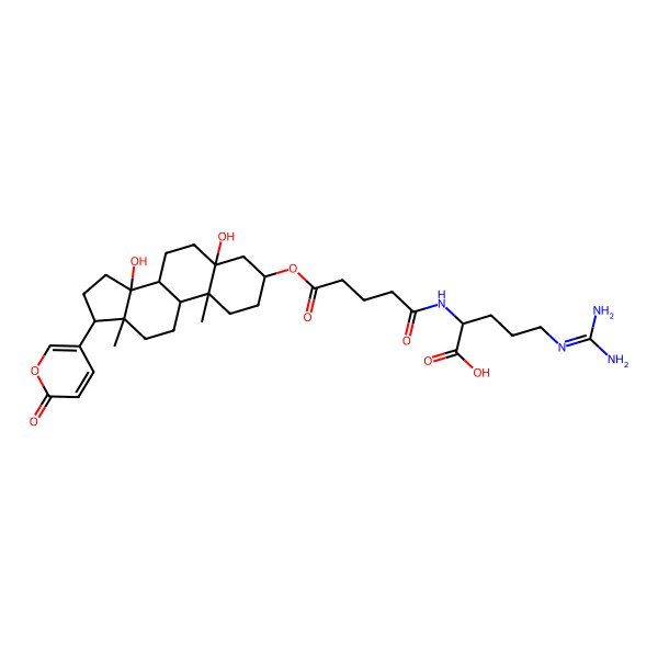2D Structure of 5-(diaminomethylideneamino)-2-[[5-[[5,14-dihydroxy-10,13-dimethyl-17-(6-oxopyran-3-yl)-2,3,4,6,7,8,9,11,12,15,16,17-dodecahydro-1H-cyclopenta[a]phenanthren-3-yl]oxy]-5-oxopentanoyl]amino]pentanoic acid