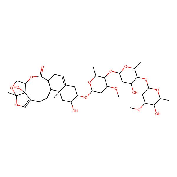 2D Structure of 7,22-Dihydroxy-8-[5-[4-hydroxy-5-(5-hydroxy-4-methoxy-6-methyloxan-2-yl)oxy-6-methyloxan-2-yl]oxy-4-methoxy-6-methyloxan-2-yl]oxy-5,19-dimethyl-15,18,20-trioxapentacyclo[14.5.1.04,13.05,10.019,22]docosa-1(21),10-dien-14-one