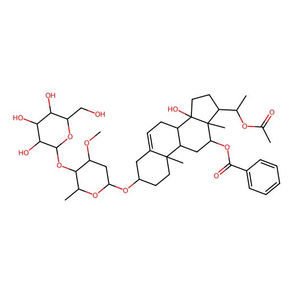 2D Structure of [(3S,8R,9S,10R,12R,13S,14S,17S)-17-[(1R)-1-acetyloxyethyl]-14-hydroxy-3-[(2R,4S,5R,6R)-4-methoxy-6-methyl-5-[(2S,3R,4R,5R,6R)-3,4,5-trihydroxy-6-(hydroxymethyl)oxan-2-yl]oxyoxan-2-yl]oxy-10,13-dimethyl-1,2,3,4,7,8,9,11,12,15,16,17-dodecahydrocyclopenta[a]phenanthren-12-yl] benzoate