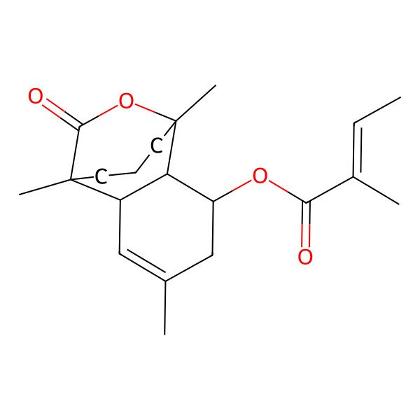 2D Structure of (1,5,8-Trimethyl-13-oxo-12-oxatricyclo[6.3.2.02,7]tridec-5-en-3-yl) 2-methylbut-2-enoate