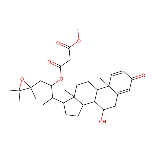 2D Structure of 3-O-[(2R,3S)-3-[(7R,8S,9S,10R,13R,14S,17R)-7-hydroxy-10,13-dimethyl-3-oxo-6,7,8,9,11,12,14,15,16,17-decahydrocyclopenta[a]phenanthren-17-yl]-1-[(2S)-2,3,3-trimethyloxiran-2-yl]butan-2-yl] 1-O-methyl propanedioate