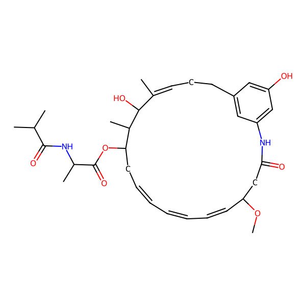 2D Structure of [(5R,6E,8E,10E,13S,14S,15R,16E)-15,22-dihydroxy-5-methoxy-14,16-dimethyl-3-oxo-2-azabicyclo[18.3.1]tetracosa-1(23),6,8,10,16,20(24),21-heptaen-13-yl] (2R)-2-(2-methylpropanoylamino)propanoate
