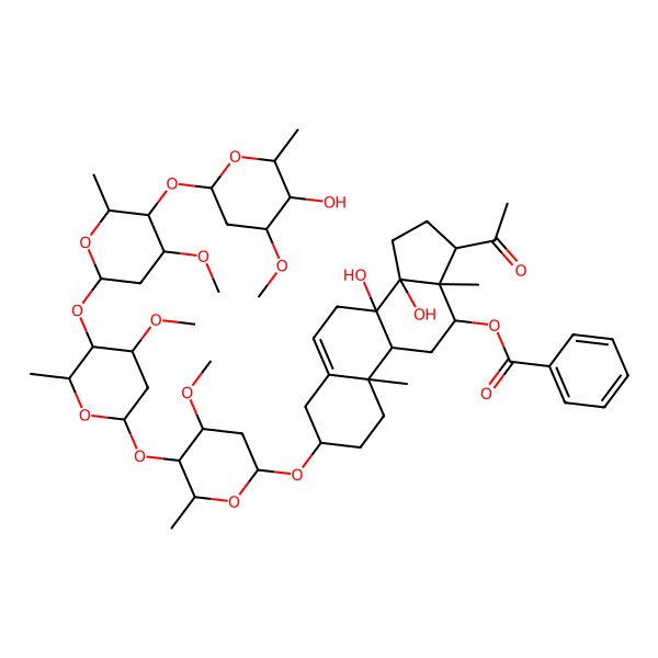 2D Structure of [(3S,8S,9R,10R,12R,13S,14R,17R)-17-acetyl-8,14-dihydroxy-3-[(2R,4S,5R,6R)-5-[(2S,4S,5R,6R)-5-[(2S,4R,5R,6R)-5-[(2S,4S,5R,6R)-5-hydroxy-4-methoxy-6-methyloxan-2-yl]oxy-4-methoxy-6-methyloxan-2-yl]oxy-4-methoxy-6-methyloxan-2-yl]oxy-4-methoxy-6-methyloxan-2-yl]oxy-10,13-dimethyl-2,3,4,7,9,11,12,15,16,17-decahydro-1H-cyclopenta[a]phenanthren-12-yl] benzoate