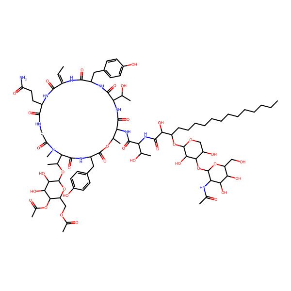 2D Structure of [(2S,3R,4S,5R,6R)-6-[1-[(3S,12R,15Z,18R,21S,24S,25R)-24-[[2-[[3-[(2S,3S,4R,5R)-4-[(2R,3S,4S,5R,6S)-3-acetamido-4,5-dihydroxy-6-(hydroxymethyl)oxan-2-yl]oxy-3,5-dihydroxyoxan-2-yl]oxy-2-hydroxyhexadecanoyl]amino]-3-hydroxybutanoyl]amino]-12-(3-amino-3-oxopropyl)-15-ethylidene-21-[(1S)-1-hydroxyethyl]-3,18-bis[(4-hydroxyphenyl)methyl]-7,25-dimethyl-2,5,8,11,14,17,20,23-octaoxo-1-oxa-4,7,10,13,16,19,22-heptazacyclopentacos-6-yl]ethoxy]-3-acetyloxy-4,5-dihydroxyoxan-2-yl]methyl acetate
