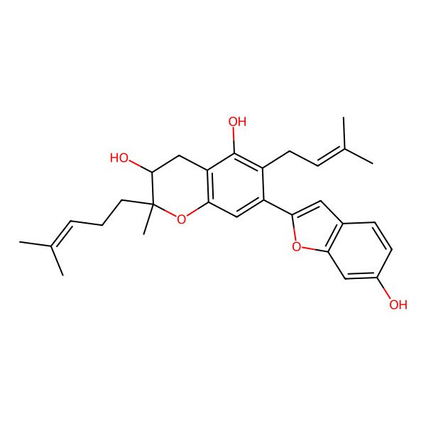 2D Structure of 7-(6-Hydroxy-1-benzofuran-2-yl)-2-methyl-6-(3-methylbut-2-enyl)-2-(4-methylpent-3-enyl)-3,4-dihydrochromene-3,5-diol