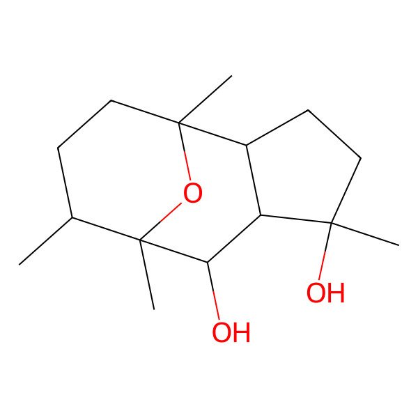 2D Structure of 1,5,8,9-Tetramethyl-12-oxatricyclo[6.3.1.02,6]dodecane-5,7-diol