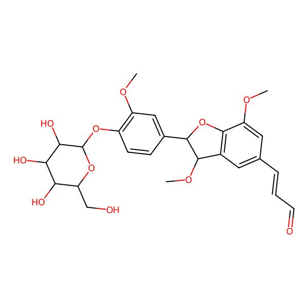 2D Structure of (E)-3-[(2R,3S)-3,7-dimethoxy-2-[3-methoxy-4-[(2S,3R,4S,5S,6R)-3,4,5-trihydroxy-6-(hydroxymethyl)oxan-2-yl]oxyphenyl]-2,3-dihydro-1-benzofuran-5-yl]prop-2-enal