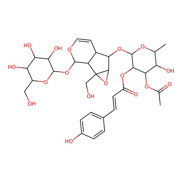 2D Structure of [4-Acetyloxy-5-hydroxy-2-[[2-(hydroxymethyl)-10-[3,4,5-trihydroxy-6-(hydroxymethyl)oxan-2-yl]oxy-3,9-dioxatricyclo[4.4.0.02,4]dec-7-en-5-yl]oxy]-6-methyloxan-3-yl] 3-(4-hydroxyphenyl)prop-2-enoate