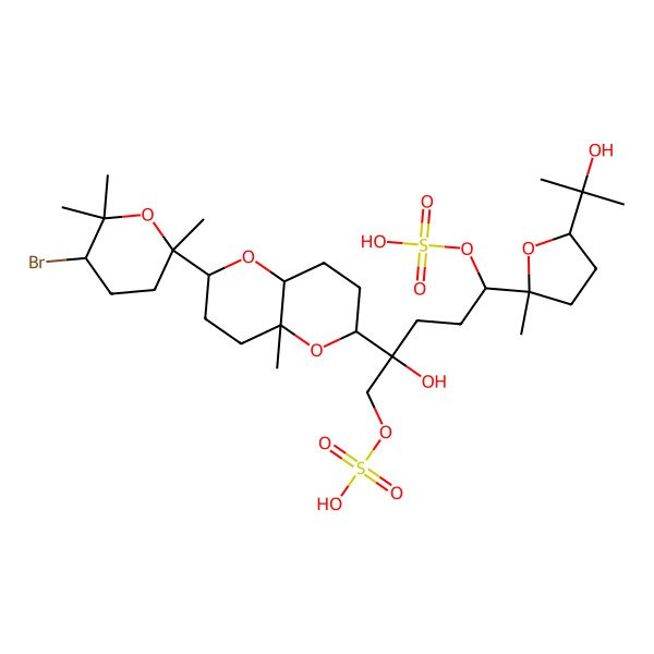 2D Structure of [(1S)-4-[(2R,4aS,6R,8aR)-2-[(2S,5R)-5-bromo-2,6,6-trimethyloxan-2-yl]-4a-methyl-3,4,6,7,8,8a-hexahydro-2H-pyrano[3,2-b]pyran-6-yl]-4-hydroxy-1-[(2R,5R)-5-(2-hydroxypropan-2-yl)-2-methyloxolan-2-yl]-5-sulfooxypentyl] hydrogen sulfate
