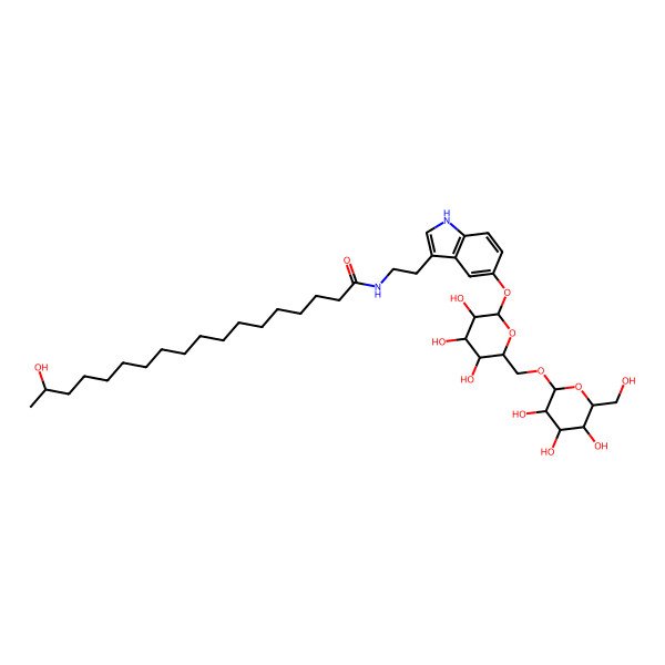 2D Structure of (17R)-17-hydroxy-N-[2-[5-[(2S,3S,4S,5S,6R)-3,4,5-trihydroxy-6-[[(2R,3S,4R,5S,6R)-3,4,5-trihydroxy-6-(hydroxymethyl)oxan-2-yl]oxymethyl]oxan-2-yl]oxy-1H-indol-3-yl]ethyl]octadecanamide