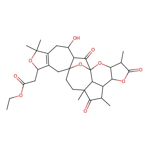 2D Structure of Ethyl 2-(22-hydroxy-4,9,11,19,19-pentamethyl-5,10,24-trioxo-2,6,18,25-tetraoxaheptacyclo[12.10.1.11,8.03,7.014,23.016,20.011,26]hexacos-16(20)-en-17-yl)acetate