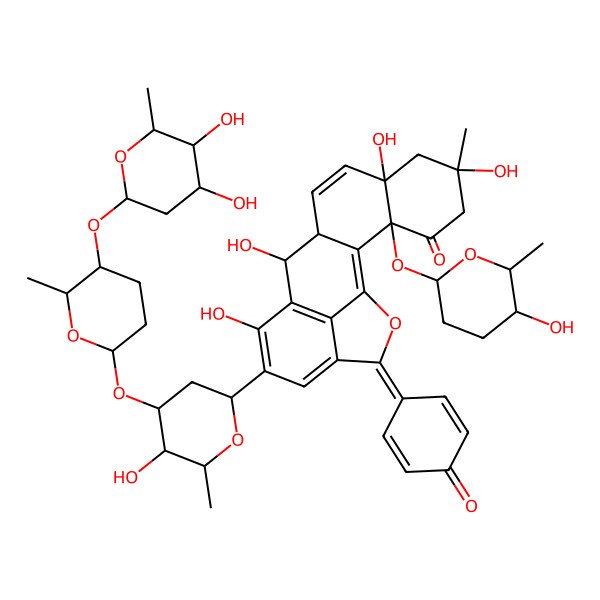 2D Structure of 15-[4-[5-(4,5-dihydroxy-6-methyloxan-2-yl)oxy-6-methyloxan-2-yl]oxy-5-hydroxy-6-methyloxan-2-yl]-6,8,12,14-tetrahydroxy-3-(5-hydroxy-6-methyloxan-2-yl)oxy-6-methyl-18-(4-oxocyclohexa-2,5-dien-1-ylidene)-19-oxapentacyclo[11.6.1.02,11.03,8.017,20]icosa-1,9,13(20),14,16-pentaen-4-one