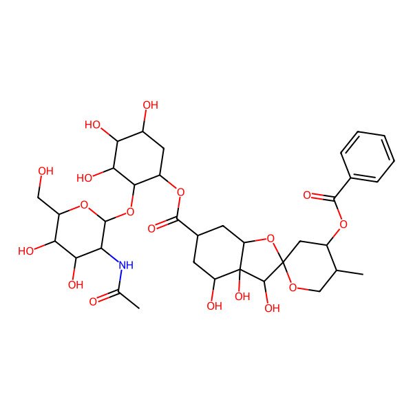 2D Structure of [(1R,2R,3S,4R,5S)-2-[(2R,3S,4R,5S,6R)-3-acetamido-4,5-dihydroxy-6-(hydroxymethyl)oxan-2-yl]oxy-3,4,5-trihydroxycyclohexyl] (2S,3R,3aS,4S,4'S,5'R,6S,7aR)-4'-benzoyloxy-3,3a,4-trihydroxy-5'-methylspiro[3,4,5,6,7,7a-hexahydro-1-benzofuran-2,2'-oxane]-6-carboxylate