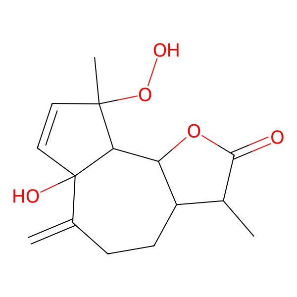 2D Structure of 9-Hydroperoxy-6a-hydroxy-3,9-dimethyl-6-methylidene-3,3a,4,5,9a,9b-hexahydroazuleno[4,5-b]furan-2-one