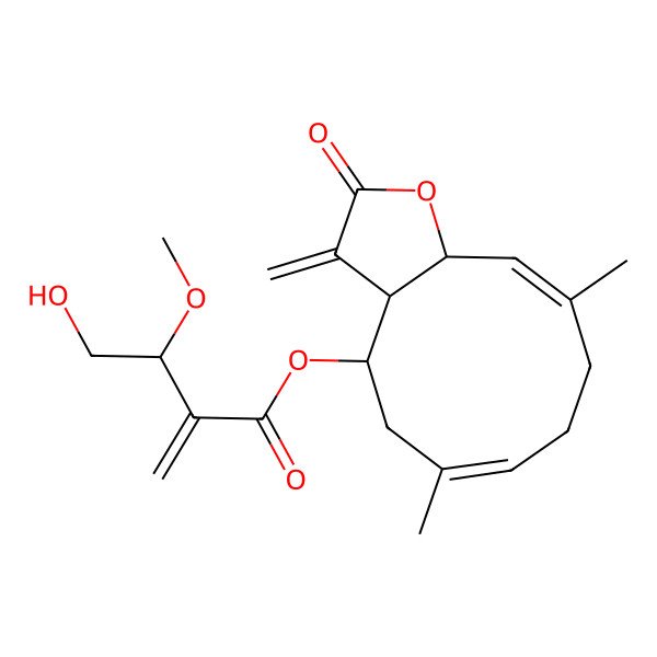 2D Structure of (6,10-Dimethyl-3-methylidene-2-oxo-3a,4,5,8,9,11a-hexahydrocyclodeca[b]furan-4-yl) 4-hydroxy-3-methoxy-2-methylidenebutanoate