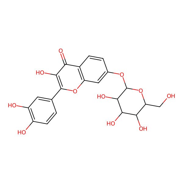 2D Structure of 2-(3,4-dihydroxyphenyl)-3-hydroxy-7-[(2S,3R,4S,5S,6S)-3,4,5-trihydroxy-6-(hydroxymethyl)oxan-2-yl]oxychromen-4-one