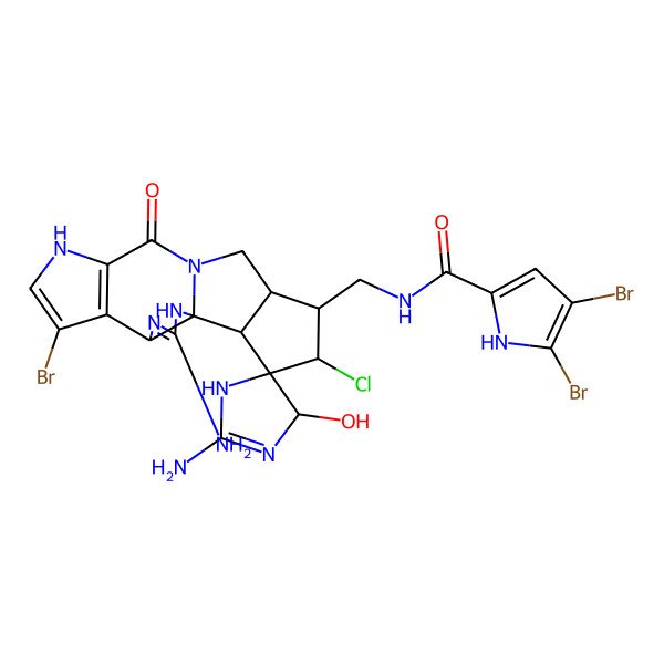 2D Structure of 4,5-dibromo-N-[(2,3'-diamino-7'-bromo-16'-chloro-4-hydroxy-11'-oxospiro[1,4-dihydroimidazole-5,17'-2,4,9,12-tetrazapentacyclo[10.6.0.01,5.06,10.014,18]octadeca-3,6(10),7-triene]-15'-yl)methyl]-1H-pyrrole-2-carboxamide