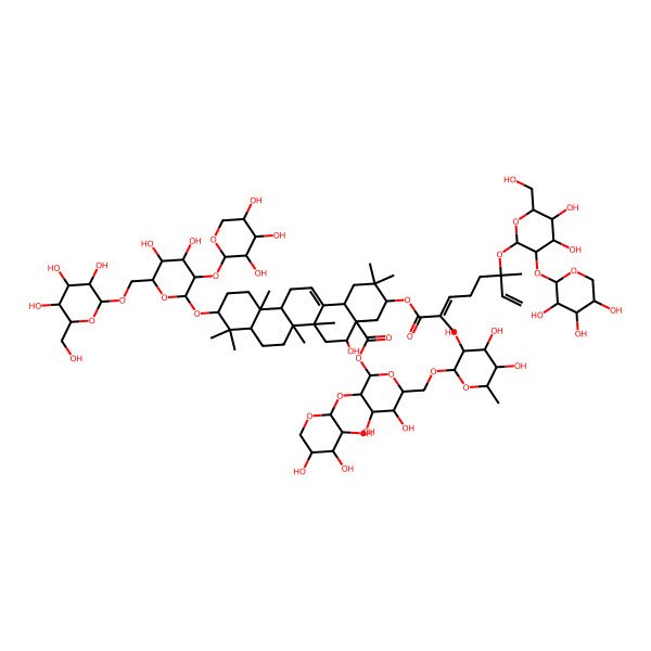 2D Structure of [(2S,3R,4S,5S,6R)-4,5-dihydroxy-6-[[(2R,3R,4R,5R,6S)-3,4,5-trihydroxy-6-methyloxan-2-yl]oxymethyl]-3-[(2S,3R,4S,5R)-3,4,5-trihydroxyoxan-2-yl]oxyoxan-2-yl] (3S,4aR,5S,6aR,6aS,6bR,8aR,10S,12aR,14bS)-3-[(2E,6S)-6-[(2S,3R,4S,5S,6R)-4,5-dihydroxy-6-(hydroxymethyl)-3-[(2S,3R,4S,5R)-3,4,5-trihydroxyoxan-2-yl]oxyoxan-2-yl]oxy-2,6-dimethylocta-2,7-dienoyl]oxy-10-[(2R,3R,4S,5S,6R)-4,5-dihydroxy-6-[[(2R,3R,4S,5S,6R)-3,4,5-trihydroxy-6-(hydroxymethyl)oxan-2-yl]oxymethyl]-3-[(2S,3R,4S,5S)-3,4,5-trihydroxyoxan-2-yl]oxyoxan-2-yl]oxy-5-hydroxy-2,2,6a,6b,9,9,12a-heptamethyl-1,3,4,5,6,6a,7,8,8a,10,11,12,13,14b-tetradecahydropicene-4a-carboxylate