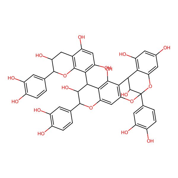 2D Structure of (1R,5R,6R,7R,13S,21R)-7,13-bis(3,4-dihydroxyphenyl)-5-[(2R,3R)-2-(3,4-dihydroxyphenyl)-3,5,7-trihydroxy-3,4-dihydro-2H-chromen-8-yl]-8,12,14-trioxapentacyclo[11.7.1.02,11.04,9.015,20]henicosa-2(11),3,9,15,17,19-hexaene-3,6,17,19,21-pentol