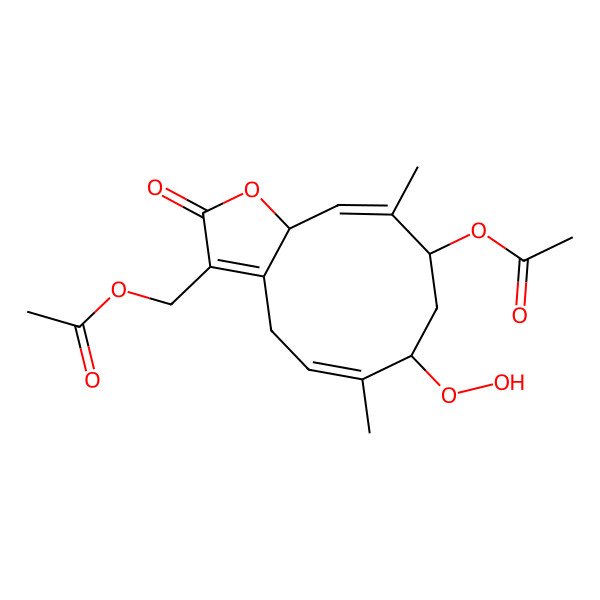 2D Structure of (9-acetyloxy-7-hydroperoxy-6,10-dimethyl-2-oxo-7,8,9,11a-tetrahydro-4H-cyclodeca[b]furan-3-yl)methyl acetate
