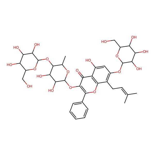 2D Structure of 3-[(2S,3S,4R,5S,6R)-3,4-dihydroxy-6-methyl-5-[(2S,3R,4S,5S,6R)-3,4,5-trihydroxy-6-(hydroxymethyl)oxan-2-yl]oxyoxan-2-yl]oxy-5-hydroxy-8-(3-methylbut-2-enyl)-2-phenyl-7-[(2S,3R,4S,5S,6R)-3,4,5-trihydroxy-6-(hydroxymethyl)oxan-2-yl]oxychromen-4-one