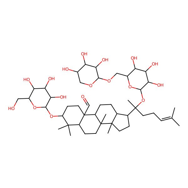 2D Structure of (3S,5S,8R,9R,10S,13S,14R,17R)-4,4,8,14-tetramethyl-17-[(2S)-6-methyl-2-[(2S,3R,4S,5S,6R)-3,4,5-trihydroxy-6-[[(2S,3R,4S,5R)-3,4,5-trihydroxyoxan-2-yl]oxymethyl]oxan-2-yl]oxyhept-5-en-2-yl]-3-[(2R,3R,4S,5S,6R)-3,4,5-trihydroxy-6-(hydroxymethyl)oxan-2-yl]oxy-2,3,5,6,7,9,11,12,13,15,16,17-dodecahydro-1H-cyclopenta[a]phenanthrene-10-carbaldehyde